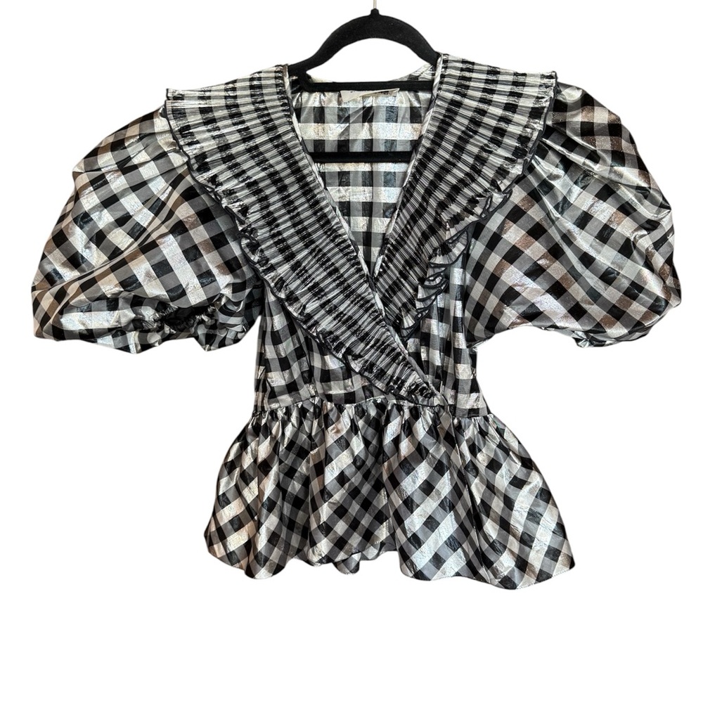 Black and White Puff Sleeve checkers blouse